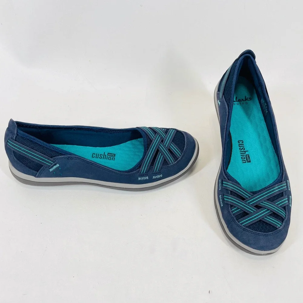 Clarks Privo Womens 7.5 Navy Blue Cushion Soft Mesh Slip On Flats 261238184050